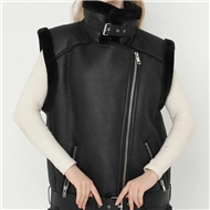 stand collar leather Vest with Fur