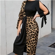 Leopard Panel Split sleeve Bodycon Dress